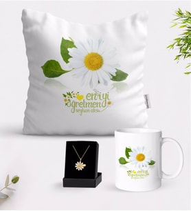 BK Gift Kişiye Özel Papatya Temalı En İyi Öğretmen Beyaz Kupa Yastık ve İsimli Papatya Kolye Hediye Seti-4 (Model 1)