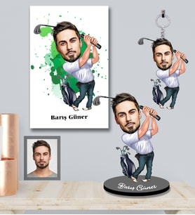 Kişiye Özel Golfçü Karikatürlü 3 lü Hediye Seti Bay-3