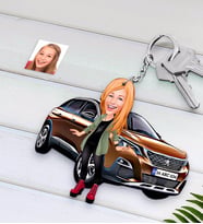 BK Gift Kişiye Özel Bayan Peugeot 3008 Figürlü Plakalı Ahşap Karikatür Anahtarlık-2 (Beyaz)
