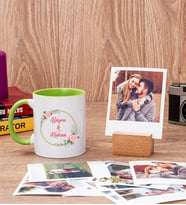 İki İsimli Çiftlere Özel Yeşil Kupa Bardak ve Ahşap Standlı Polaroid Set