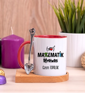 Matematik Öğretmeni Ahşap Altlıklı Kırmızı Kupa Bardak