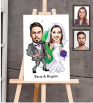 Kişiye Özel Gelin Damat Karikatürlü Ahşap Tablo 30x47  Mod-6