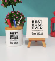 Patrona Hediye Best Boss Ever Tasarımlı Patron Kalemlik ve Dekoratif Taş Baskı Hediye Seti