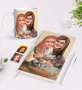 BK Gift Kişiye Özel Kız Kardeşler Karikatürlü Beyaz Defter Kalem ve Kupa Hediye Seti-4 (Model 1)