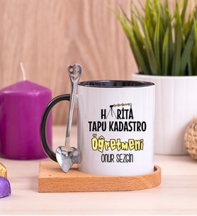 Harita Tapu Kadastro Öğretmeni Ahşap Altlıklı Siyah Kupa Bardak