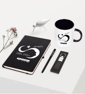 BK Gift Kişiye Özel Atatürk Temalı Siyah Defter Kalem Anahtarlık Kupa Seti - 5