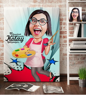 BK Gift Kişiye Özel Bayan Ressam Karikatür Kanvas Tablo 70x100cm 1