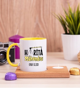 Harita Mühendisi Ahşap Altlıklı Mumlu Sarı Kupa Bardak