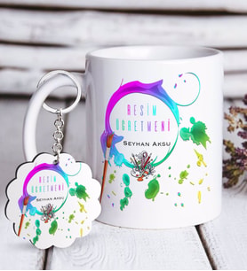 BK Gift Kişiye Özel Resim Öğretmeni Beyaz Kupa ve Anahtarlık Hediye Seti-4 (Model 1)