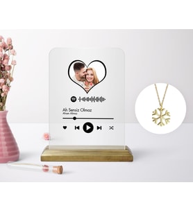 BK Gift Kişiye Özel Kalpli Fotoğraflı Spotify Barkodlu Plak ve Kar Tanesi Kolye Seti-1