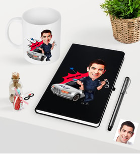 BK Gift Kişiye Özel Bay Trafik Polisi Karikatürlü Siyah Defter Kalem Kupa Seti - 1 (Model 1)