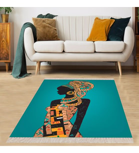Afrika Desenli Afrikalı Kadın Halı Dijital Baskı Yıkanabilir Modern Salon Halı ve Yolluk (Turkuaz)