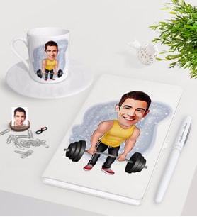 BK Gift Kişiye Özel Erkek Halterci Karikatürlü Beyaz Defter Kalem Türk Kahvesi Fincanı Seti-1 (Model 1)