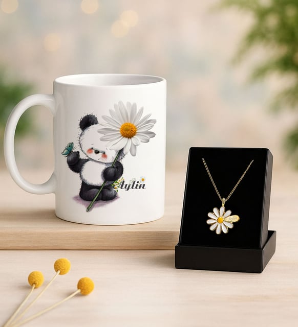 BK Gift Kişiye Özel Öğretmen Papatya Temalı Kupa ve Papatya Kolye Hediye Seti-9, Yılbaşı Hediyesi,  Yeni Yıl Hediyesi, Sevgiliye Hediye, Doğum Günü Hediyesi (Model 1)