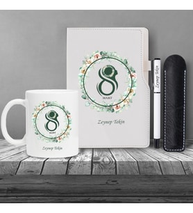 Kişiye Özel 8 Mart Dünya Kadınlar Günü Siluet Baskılı Beyaz Defter Beyaz  Roller kalem ve Kupa Seti