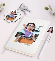 BK Gift Kişiye Özel Kadın Radyocu Karikatürlü Beyaz Defter Kalem ve Anahtarlık Hediye Seti (Model 1)