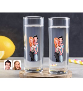BK Gift Kişiye Özel Renkli Baskılı Sevgililer Karikatürlü İkili Vodka Bardağı-85 (Beyaz)