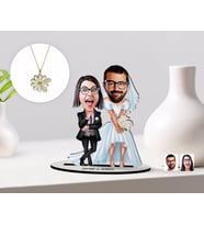 BK Gift Kişiye Özel Sevgililer Karikatürlü 3D Ahşap Biblo ve Çift İsimli Papatya Kolye Seti-16 (Model 1)