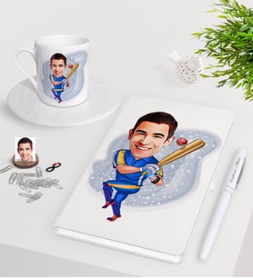 BK Gift Kişiye Özel Erkek Baseball Oyuncusu Karikatürlü Beyaz Defter Kalem Türk Kahvesi Fincanı Seti-1 (Model 1)