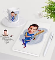 BK Gift Kişiye Özel Erkek Baseball Oyuncusu Karikatürlü Beyaz Defter Kalem Türk Kahvesi Fincanı Seti-1 (Model 1)