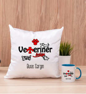 Veteriner Hekim Kare Yastık ve Mavi Kupa Bardak