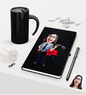 BK Gift Kişiye Özel Bayan Polis Karikatürlü Siyah Defter Kalem Termos Mug Seti (Model 1)