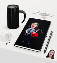BK Gift Kişiye Özel Bayan Polis Karikatürlü Siyah Defter Kalem Termos Mug Seti (Model 1)