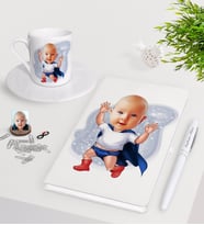BK Gift Kişiye Özel Bebek Karikatürlü Beyaz Defter Kalem Türk Kahvesi Fincanı Seti-3 (Model 1)