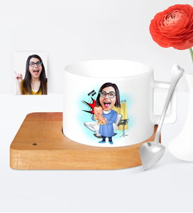 BK Gift Kişiye Özel Bayan Ebe Karikatür Ahşap Altlıklı Seramik Fincan  1