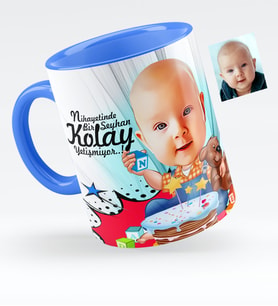 BK Gift Kişiye Özel Bebek Doğum Günü Karikatürlü Mavi Kupa Bardak  1