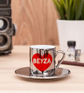 İsim Yazılı Kırmızı Kalpli Silver Türk Kahvesi Fincanı