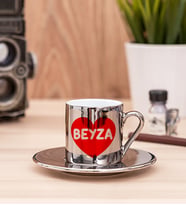 İsim Yazılı Kırmızı Kalpli Silver Türk Kahvesi Fincanı