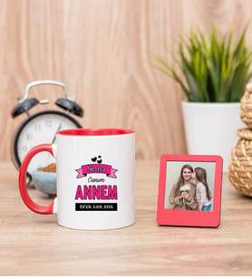 Canım Annem Kırmızı Kupa Bardak ve Kırmızı Mini Fotoğraf Çerçevesi
