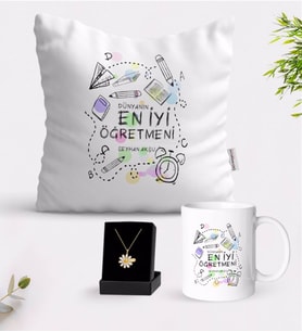 BK Gift Kişiye Özel Dünyanın En İyi Öğretmeni Beyaz Kupa Yastık ve İsimli Papatya Kolye Hediye Seti-8 (Model 1)