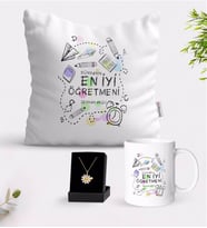 BK Gift Kişiye Özel Dünyanın En İyi Öğretmeni Beyaz Kupa Yastık ve İsimli Papatya Kolye Hediye Seti-8 (Model 1)