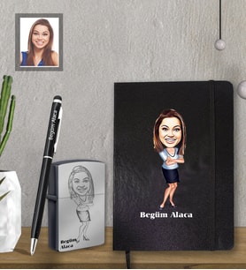 Kişiye Özel Öğretmen Karikatürlü  Siyah Defter Kalem Çakmak Hediye Seti  Bayan-5 (Model 1)