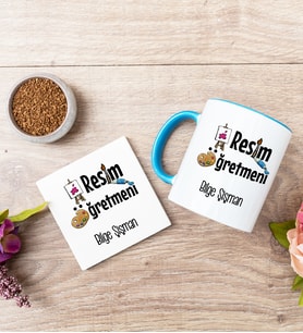 Resim Öğretmeni Mavi Kupa Bardak Ve Bardak Altlığı Seti