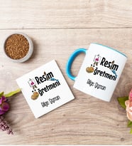Resim Öğretmeni Mavi Kupa Bardak Ve Bardak Altlığı Seti