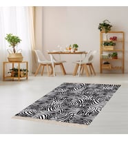 Zebra Desenli Dijital Baskı Yıkanabilir Kaymaz Taban Modern Salon Halısı (Siyah - Beyaz)