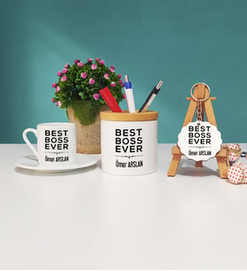 Patrona Hediye Best Boss Ever Tasarımlı Patron Türk Kahvesi Fincanı Kalemlik Ahşap Anahtarlık Hediye Seti