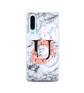 Mermer Çiçekli Harf Tasarım Süper Şeffaf Silikon Telefon Kılıfı Huawei P30  U-Ha