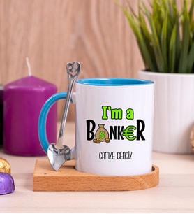 Bankacı Ahşap Altlıklı Mavi Kupa Bardak