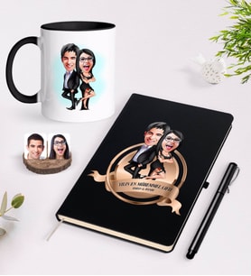 BK Gift Kişiye Özel Yılın En Mükemmel Çifti Karikatürlü Siyah Defter Kalem ve Kupa Seti-6 (Model 1)