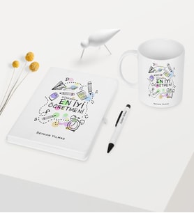 BK Gift Kişiye Özel Dünyanın En İyi Öğretmeni Temalı Beyaz Defter Kalem Kupa Seti - 8
