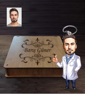 Kişiye Özel Doktor Karikatürlü Ahşap Anahtarlık Kutulu Bay-7