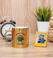 Süper Baba Gold Kupa Bardak ve Sarı Mini Fotoğraf Çerçevesi