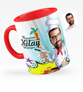 BK Gift Kişiye Özel Bay Chef Karikatürlü Kırmızı Kupa Bardak  1