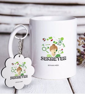 BK Gift Kişiye Özel Mesleki Sekreter Beyaz Kupa ve Anahtarlık Hediye Seti (Model 1)