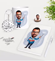 BK Gift Kişiye Özel Erkek Öğretmen Karikatürlü Kupa Anahtarlık Beyaz Defter Kalem Hediye Seti-4 (Model 1)