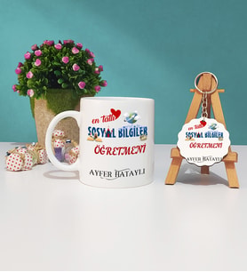 Mesajlı Sosyal Bilgiler Öğretmeni Kupa Bardak ve Ahşap Anahtarlık Hediye Seti